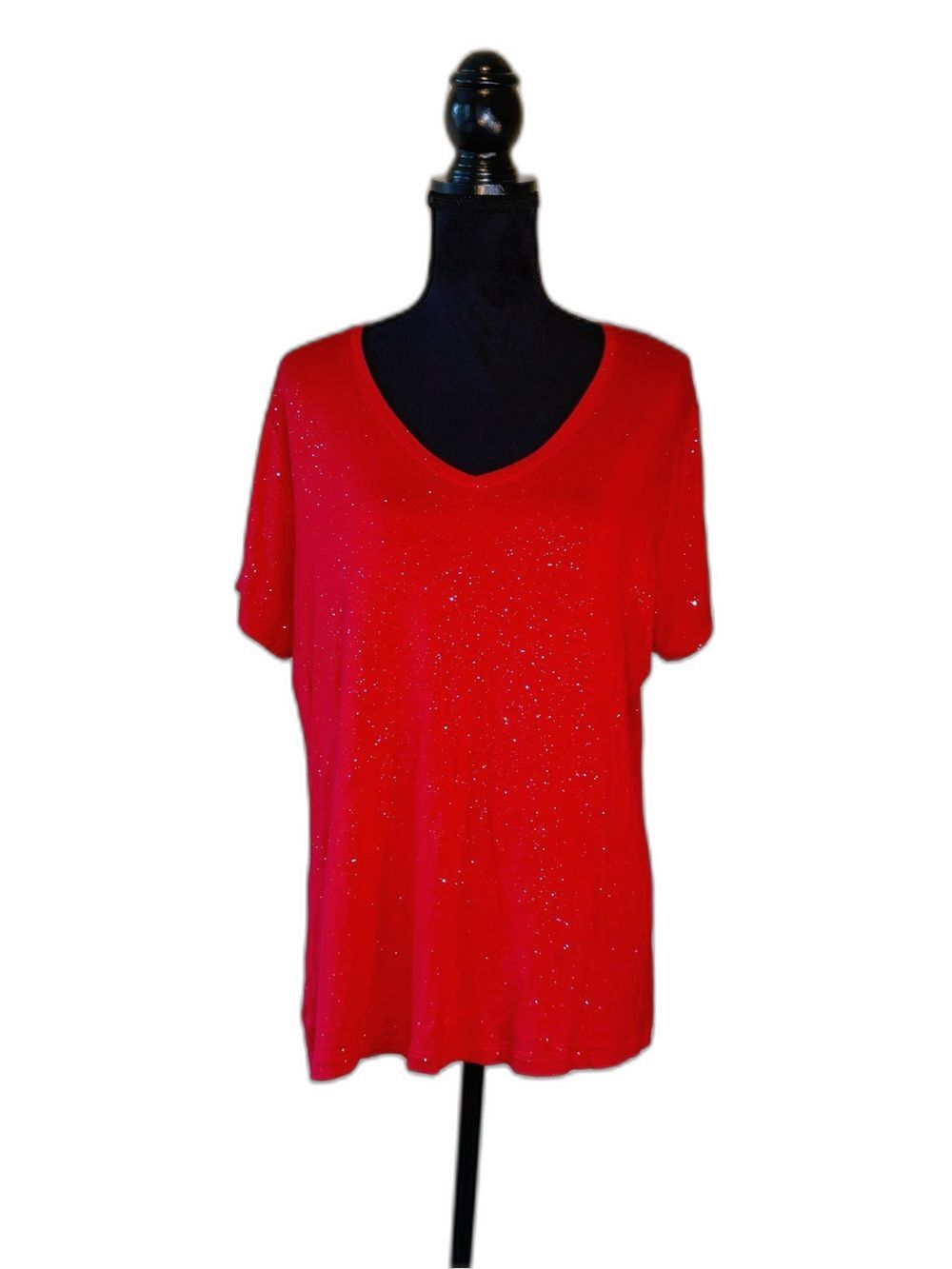 Celebrate Together Red Silver Sparkle V Neck Short Sleeve Tee Top Plus Size XXL